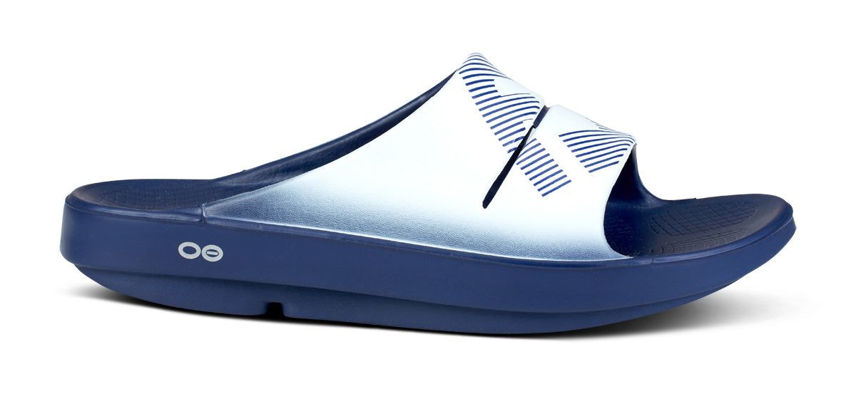 White / Navy Oofos OOahh Sport Slide Sandal | 58MEKOXWG
